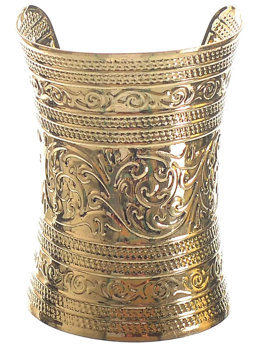 Embossed Gold Plated Metal Wrist Cuff Costume Accessory
