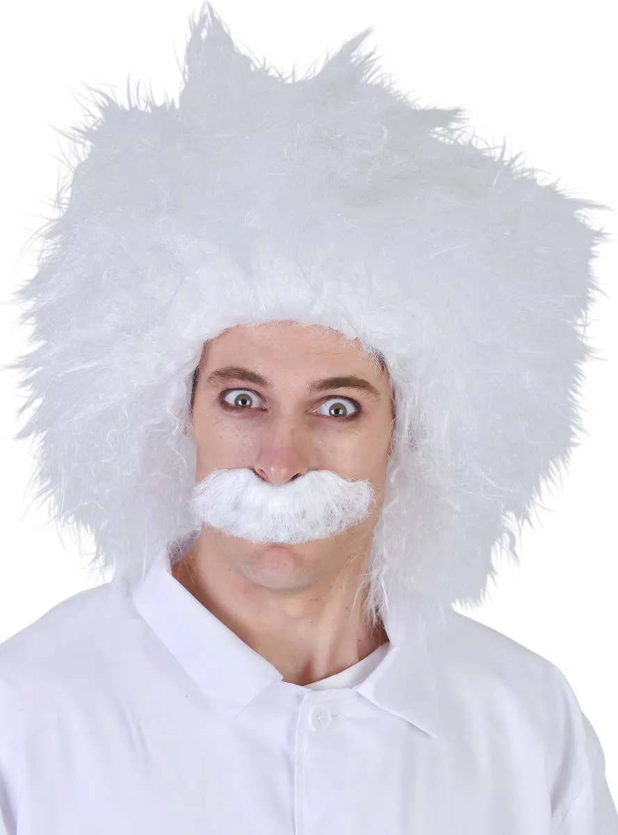 Emmett Mens Scientist Frizzy White Wig and Moustache Set