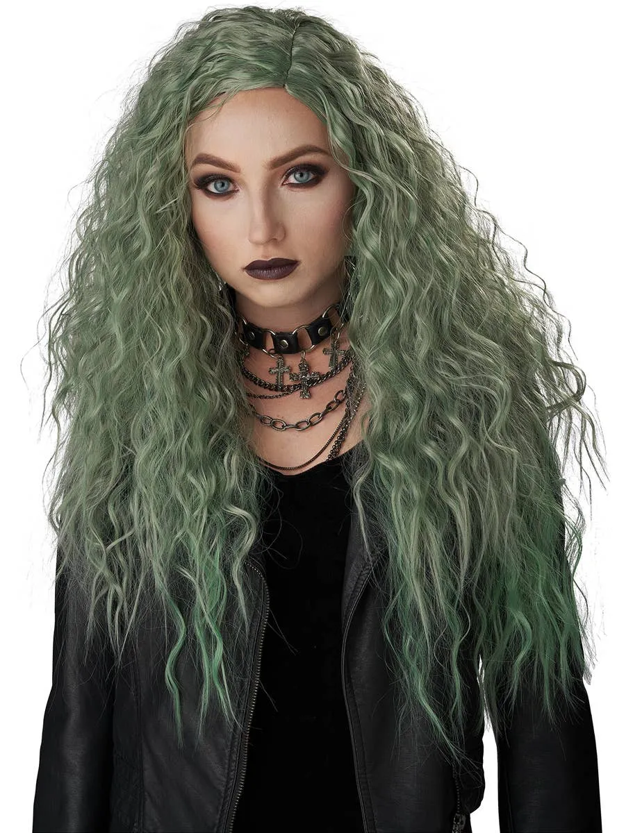 Enchanted Waves Long Green and Grey Womens Costume Wig