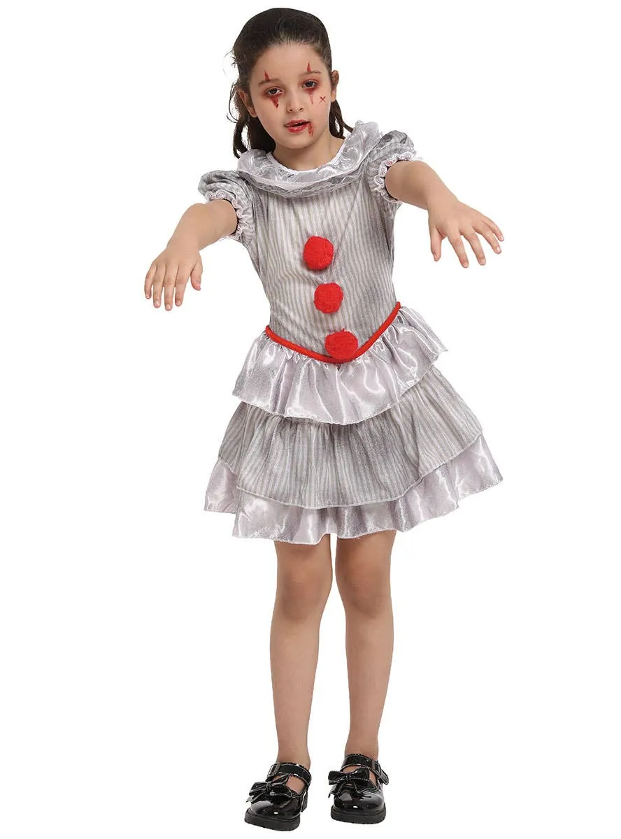 Evil Grey Clown Girls Halloween Costume
