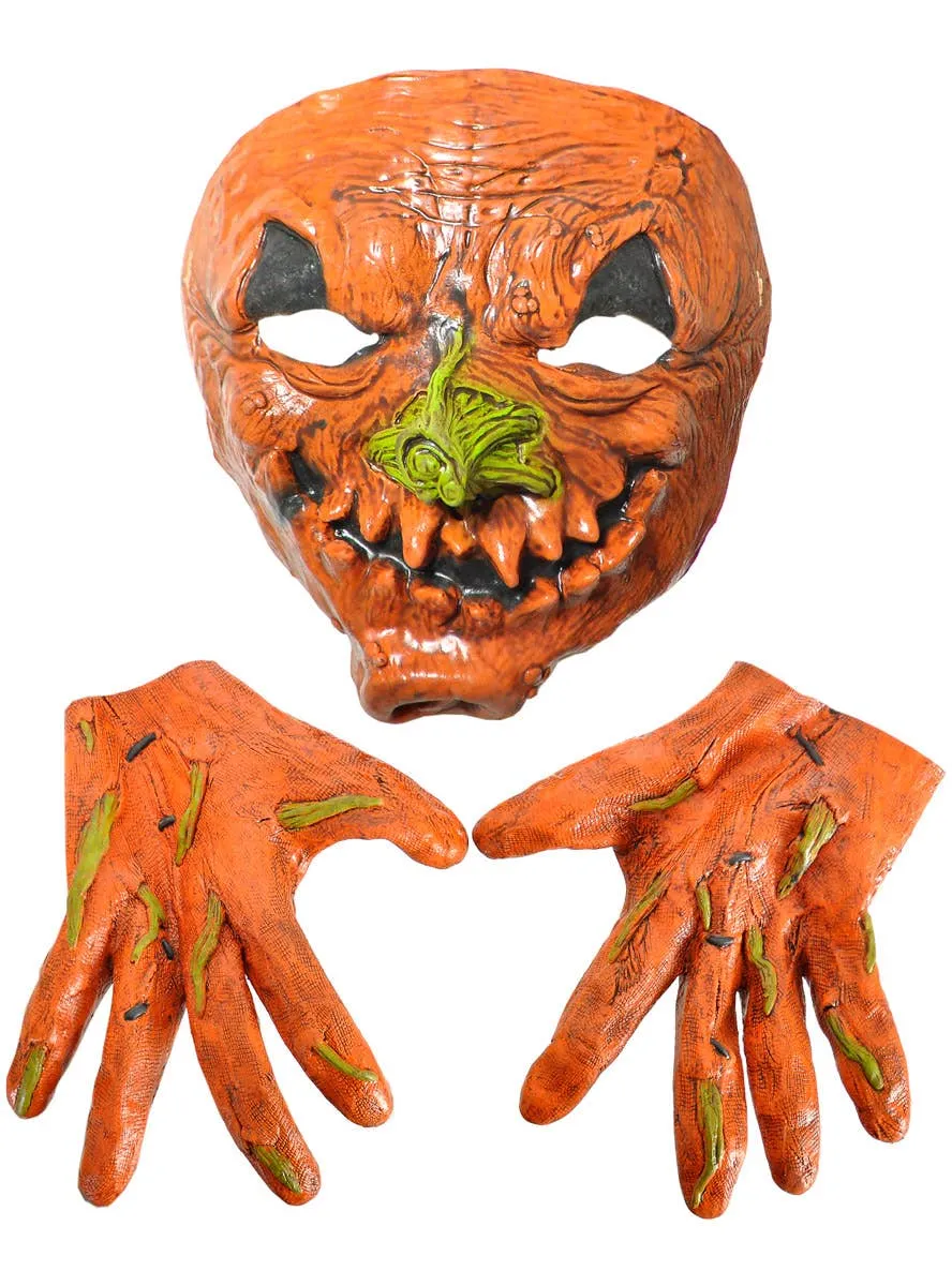 Evil Orange Pumpkin Latex Mask and Hands Set