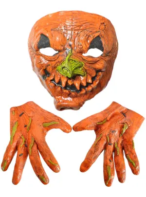 Evil Orange Pumpkin Latex Mask and Hands Set