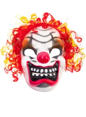 Evil Smiling Clown Face Mask with Curly Red and Yellow Hair
