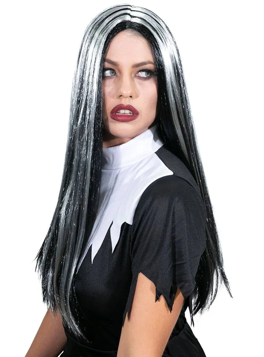 Extra Long Straight Black and White Womens Halloween Costume Wig