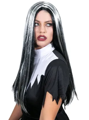 Extra Long Straight Black and White Womens Halloween Costume Wig