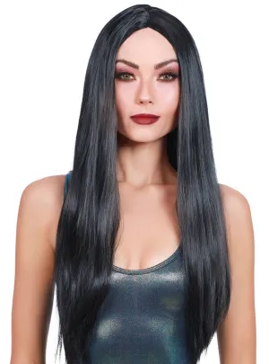 Extra Long Straight Black Womens Costume Wig with Centre Part