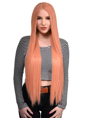 Extra Long Straight Peach Pink Womens Deluxe Lace Part Fashion Wig