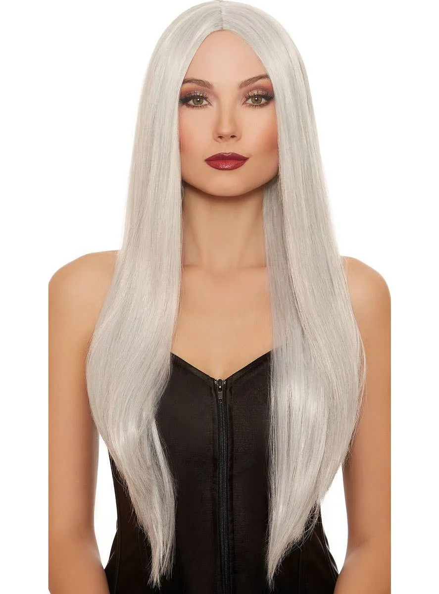 Extra Long Straight Silver Grey Womens Costume Wig