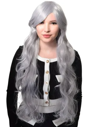 Extra Long Wavy Silver Womens Costume Wig with Side Fringe