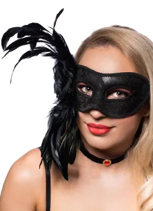 Extravagant Side Feather Black Lace Masquerade Mask