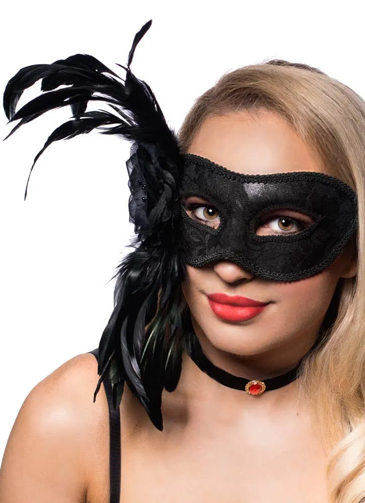 Extravagant Side Feather Black Lace Masquerade Mask