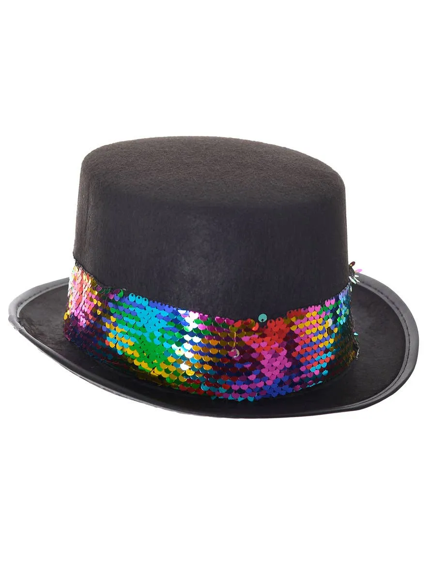 Fancy Black Costume Top Hat with Rainbow Sequin Band