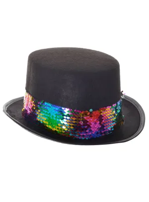 Fancy Black Costume Top Hat with Rainbow Sequin Band