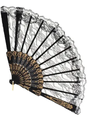 Fancy Black Lace Costume Fan with Gold Detail