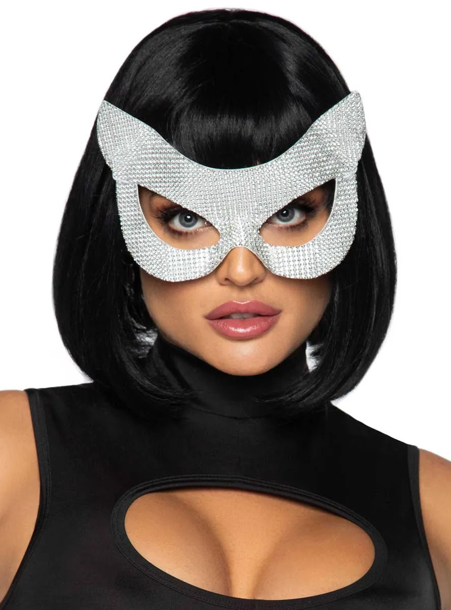 Faux Silver Rhinestone Half Face Cat Costume Mask