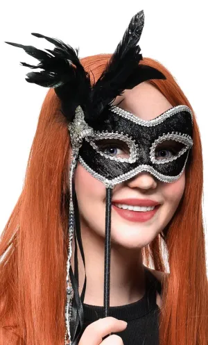 Feather Black and Silver Hand Held Masquerade Mask