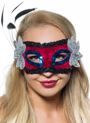 Feather Spray Masquerade Mask in Red and Silver