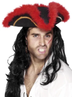 Feather Trim Red and Black Pirate Costume Hat