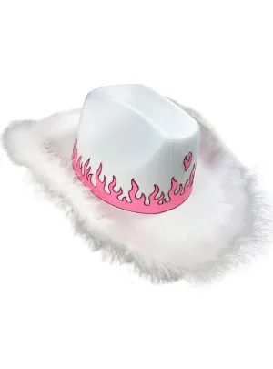Feather Trim White Cowboy Costume Hat With Pink Glitter Flames