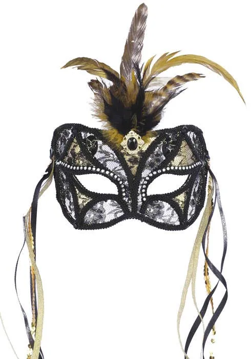 Feathered Black and Gold Lace Masquerade Mask  on Headband