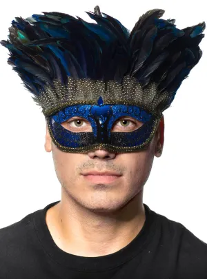 Feathered Blue Mysterious Tie on Masquerade Mask