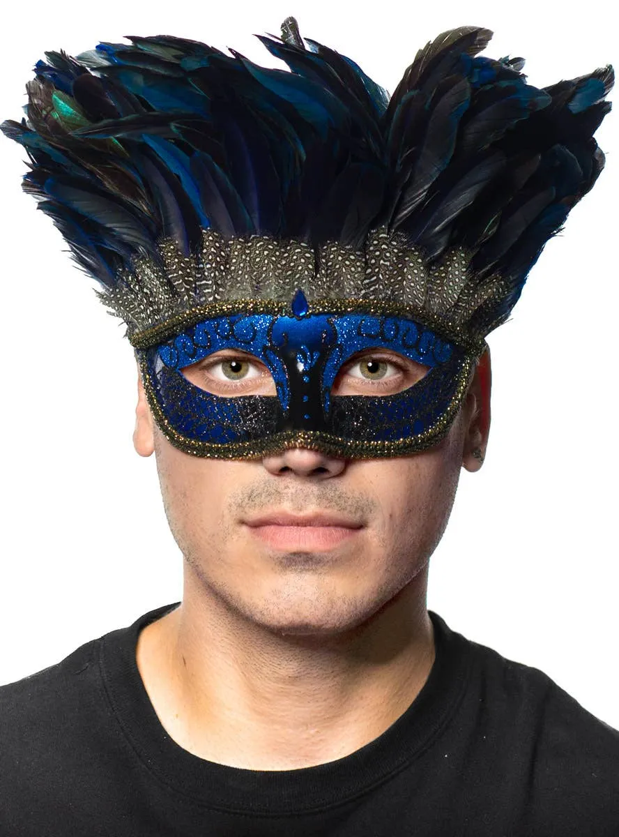 Feathered Blue Mysterious Tie on Masquerade Mask