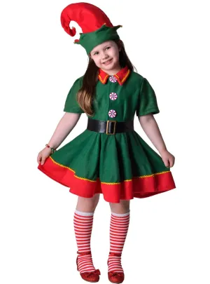 Festive Green Christmas Elf Girls Dress Up Costume