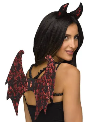 Fiery Red Lace Devil Wings and Horns Accessory Set