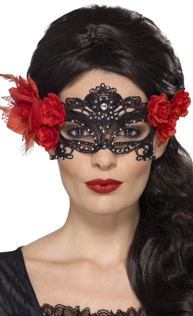 Filigree Black Lace Masquerade Mask with Roses