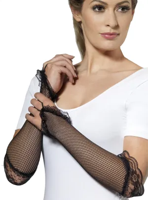 Fingerless Black Fishnet Costume Gloves with Lace Trim