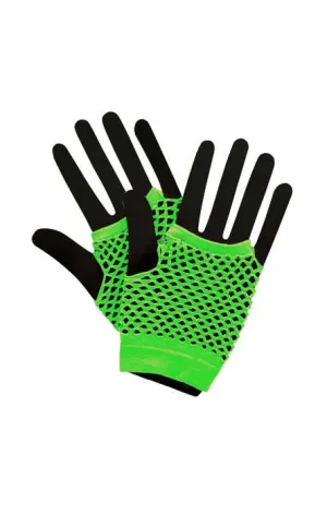 Fingerless Short Neon Green 80s Fishnet Gloves
