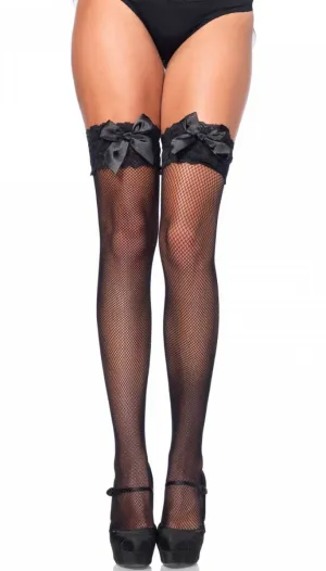 Fishnet Black Thigh High Stockings with Bow