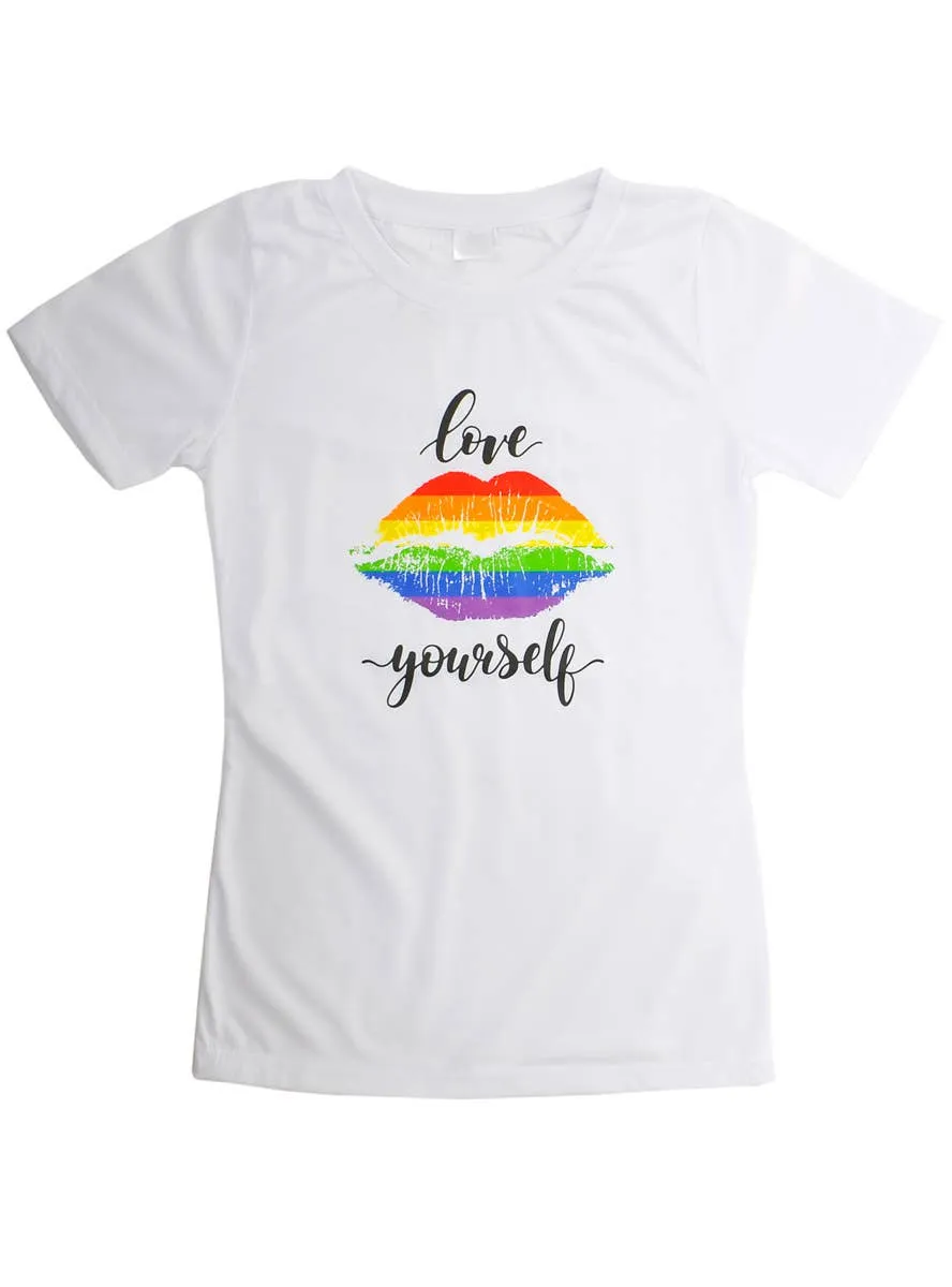 Fitted White Love Yourself Womens Crew Neck Shirt