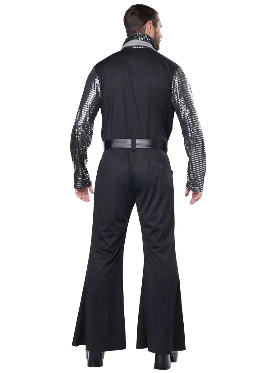 Flashy 1970s Mens Black and Silver Costume Jumpsuit