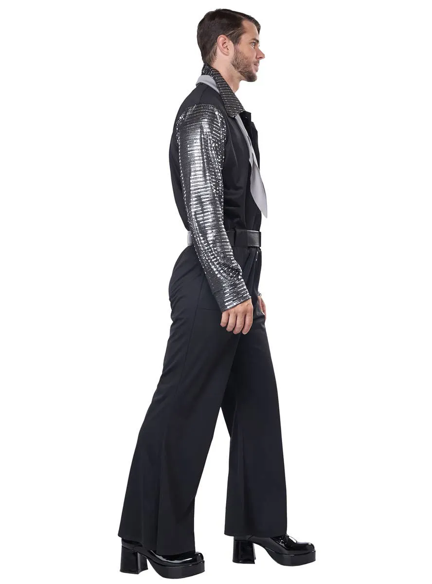 Flashy 1970s Mens Black and Silver Costume Jumpsuit