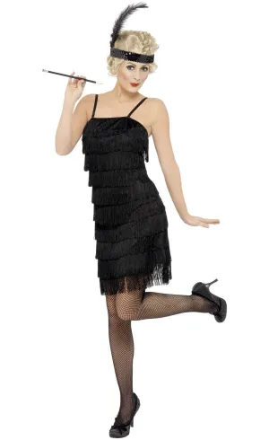 Flirty 1920s Womens Short Black Flapper Dress Costume