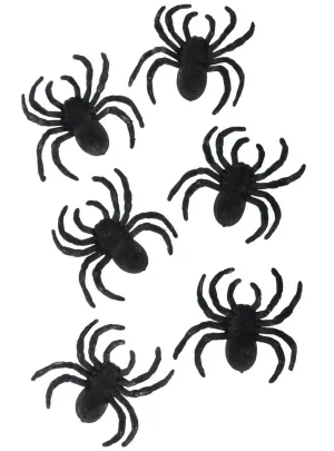 Flocked Black Spiders 6 Pack Halloween Decorations