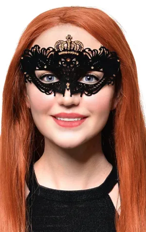 Flocked Finish Black and Gold Crown Masquerade Mask