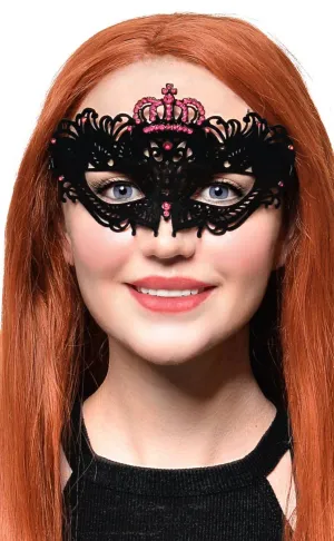 Flocked Finish Black and Pink Crown Masquerade Mask