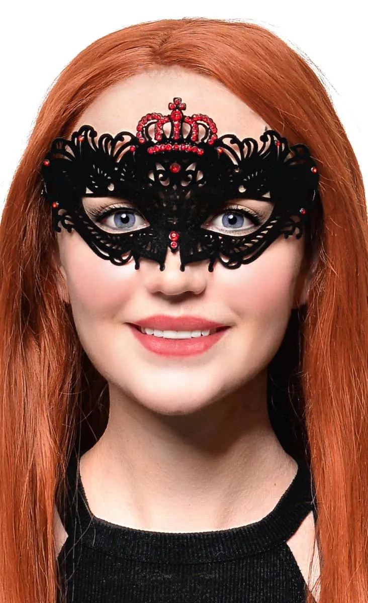 Flocked Finish Black and Red Crown Masquerade Mask