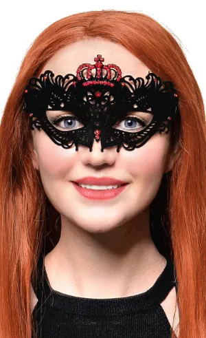 Flocked Finish Black and Red Crown Masquerade Mask