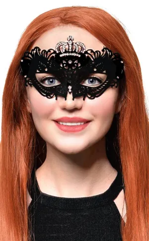 Flocked Finish Black and Silver Crown Masquerade Mask