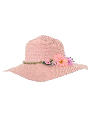 Floppy Salmon Pink Straw Costume Hat with Flowers