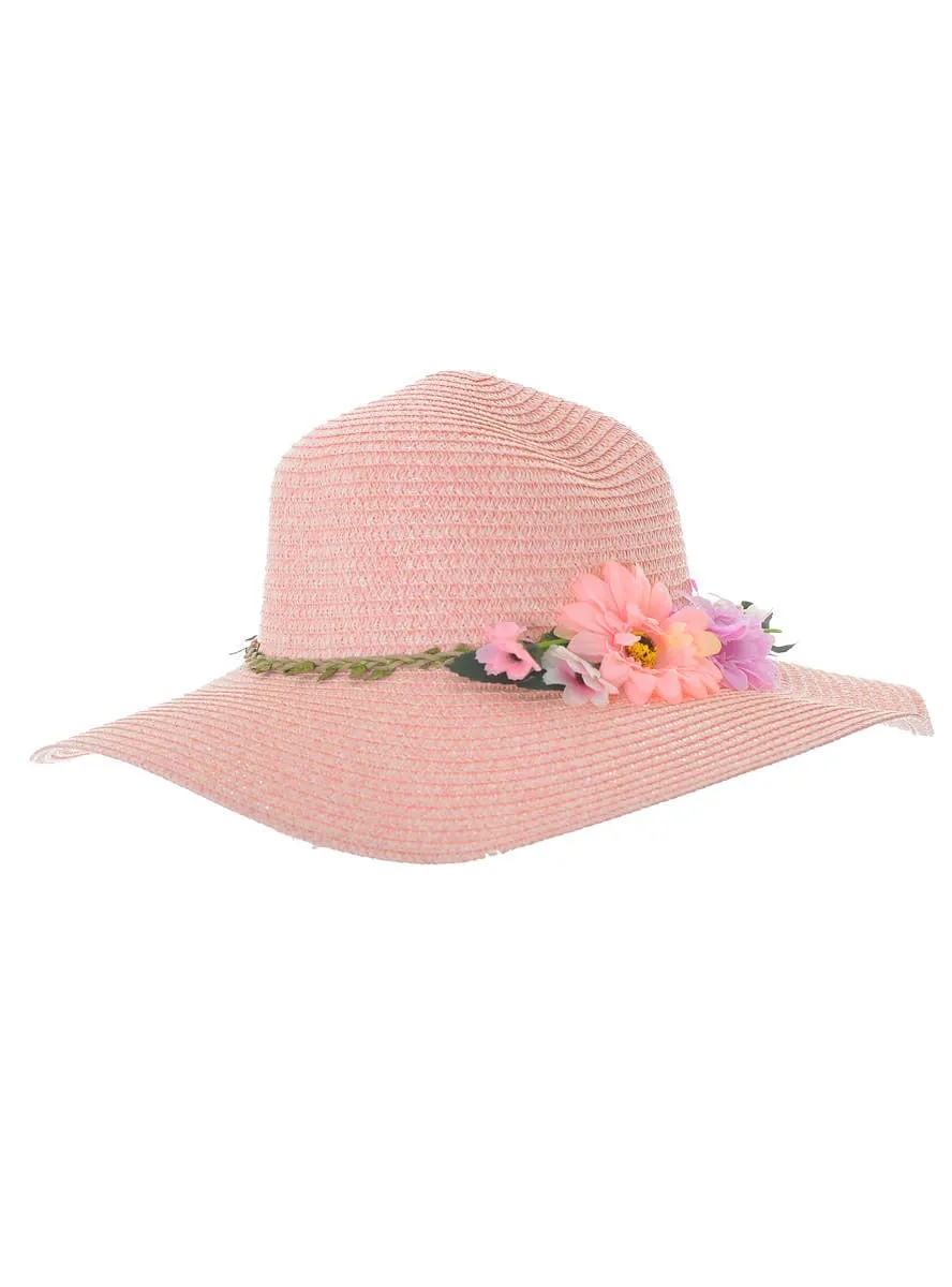 Floppy Salmon Pink Straw Costume Hat with Flowers