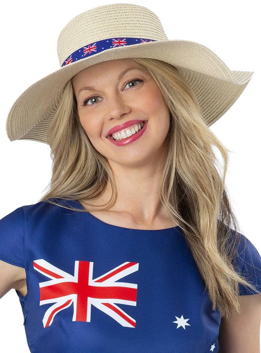 Floppy Straw Sun Hat with Aussie Flag Print Band