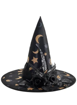 Floral Black and Gold Glitter Witch Costume Hat