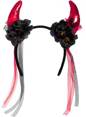Floral Black and Red Devil Horns Costume Headband