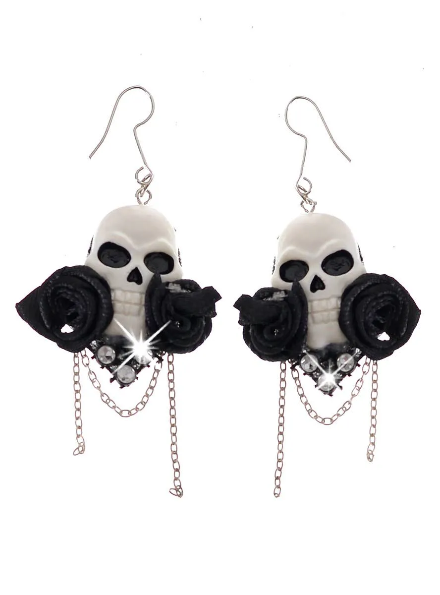 Floral Black and White Skull Costume Earrings