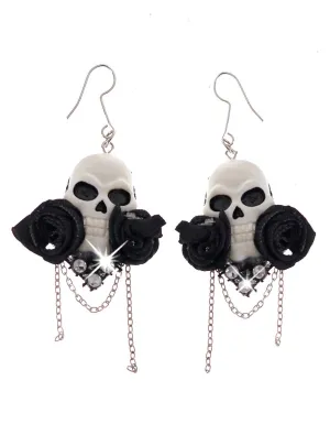 Floral Black and White Skull Costume Earrings