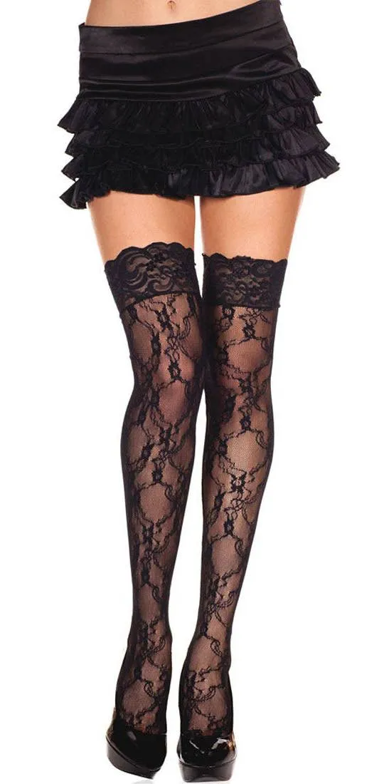 Floral Black Lace Thigh High Stockings